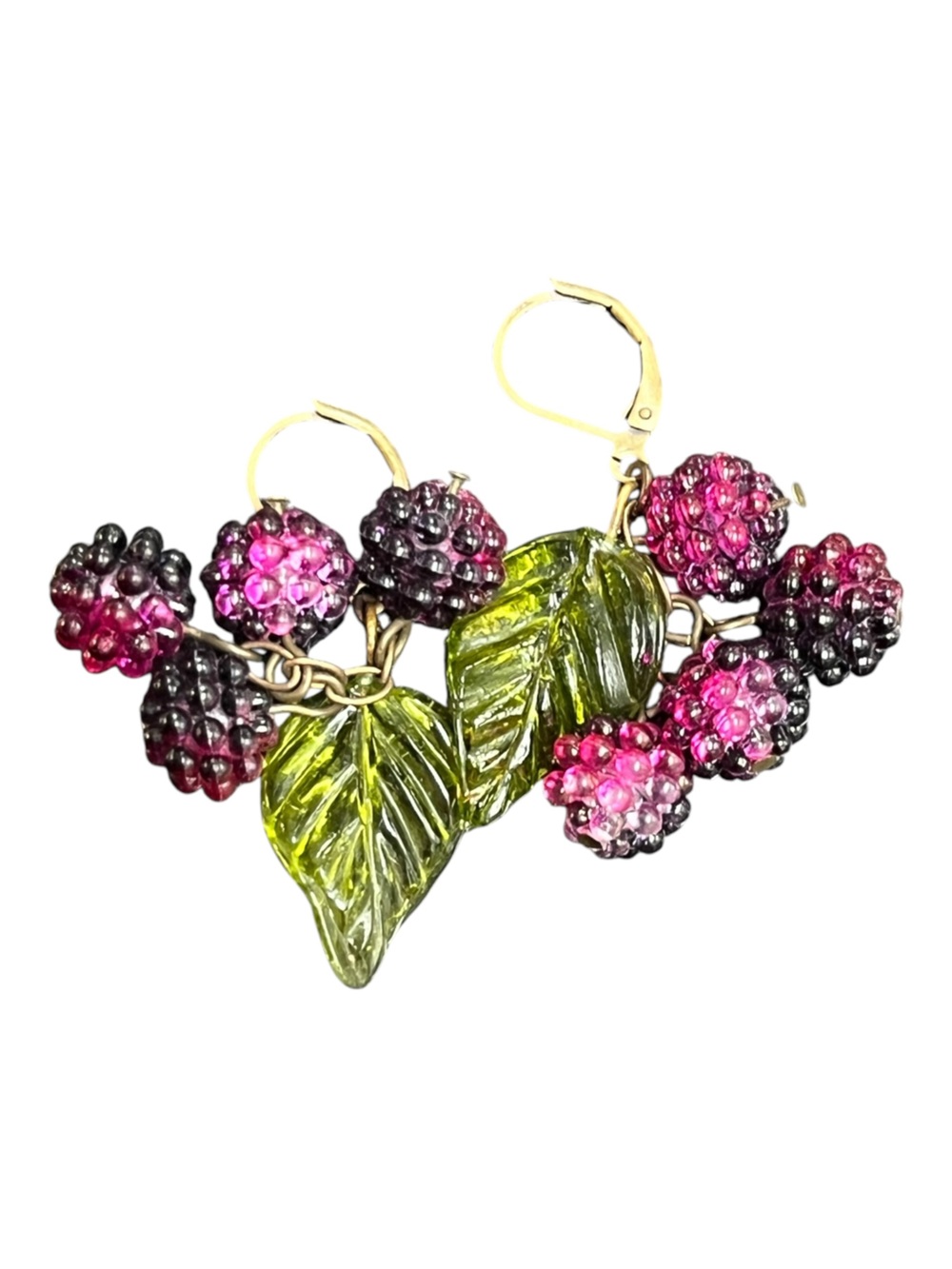 Grape Raspberry Cluster Pierced Dangling Drop Earrings Purple w/Green Leaves